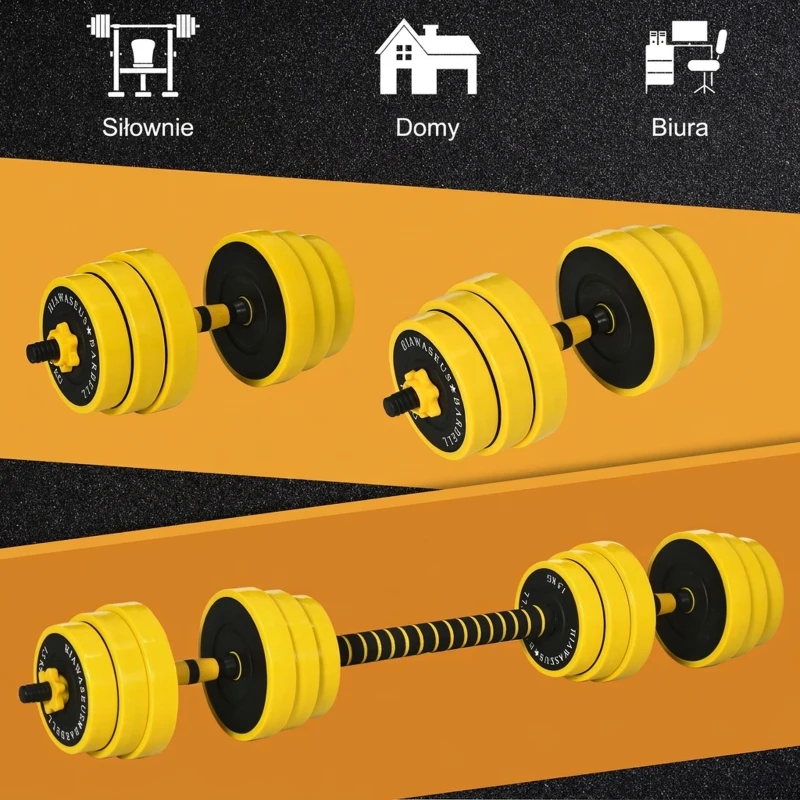 HOMCOM 25 kg Zestaw Hantli i Sztangi, Ergonomiczny Zestaw Hantli 3-w-1, 12 × Płytki, 2 × Krótkie Sztangi, 1 × Długa Sztanga, Żółty+Czarny