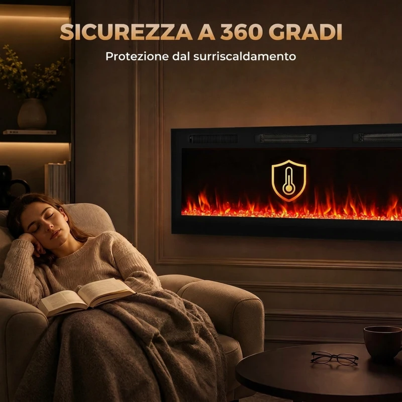 HOMCOM Camino Elettrico da Incasso con Fiamma Indipendente, 3 Modalità di Riscaldamento e Telecomando, Nero
