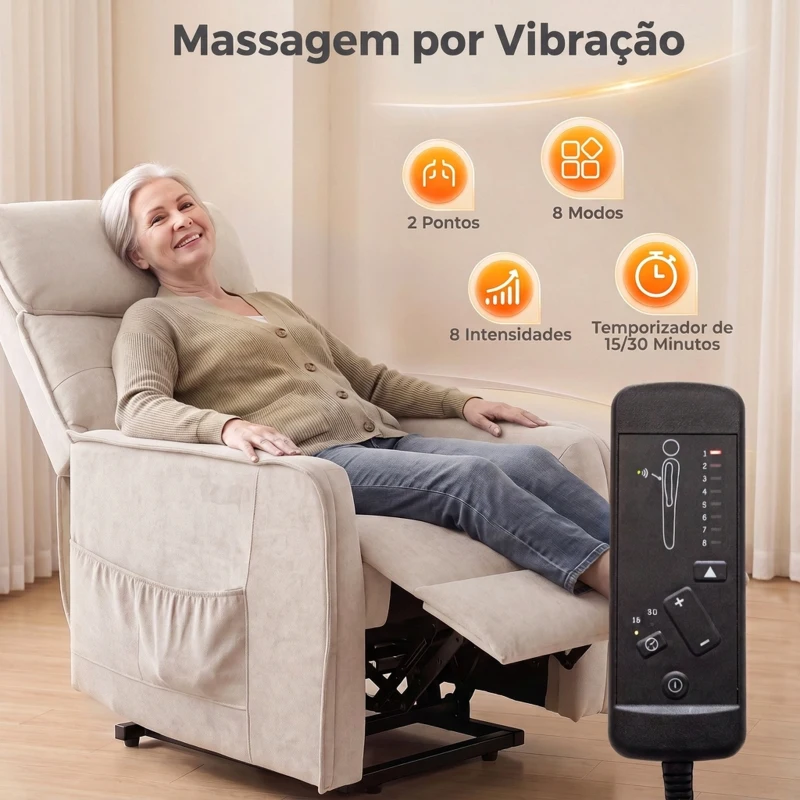 HOMCOM Poltrona Relax Reclinável Elétrica Elevatória com 2 Pontos de Massagem, Assento com Molas e Apoio para os Pés, Chenille Creme