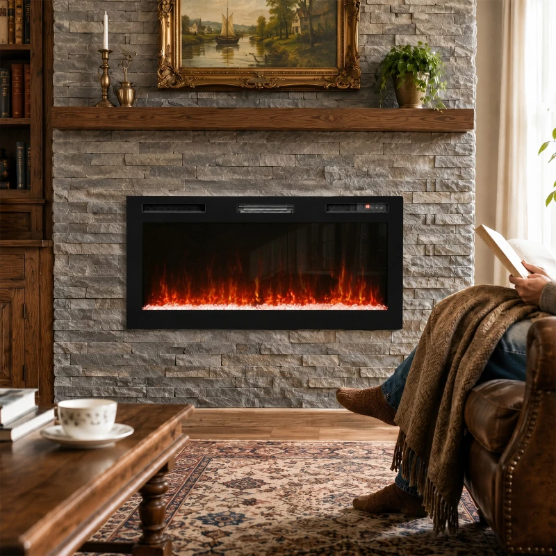 HOMCOM 102 cm Camino Elettrico da Incasso/Parete/Terra Ultrasottile 8.3 cm con Telecomando, 900/1800W, Timer, 35㎡ Nero