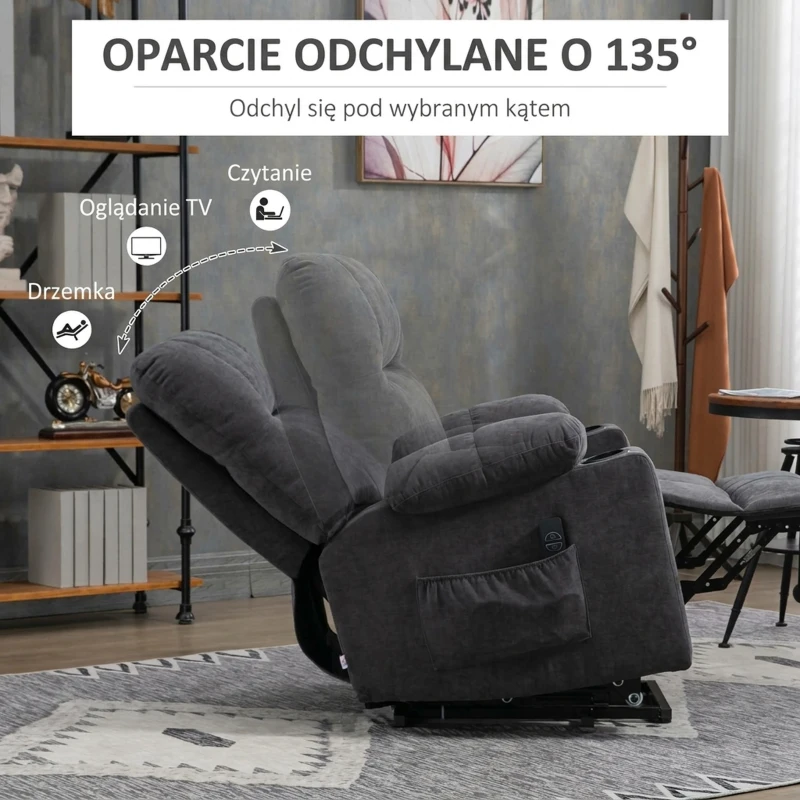 HOMCOM Fotel z funkcją podnoszenia dla seniora, funkcja leżenia, z pilotem, 144 cm x 91 cm x 88 cm, Ciemnoszary