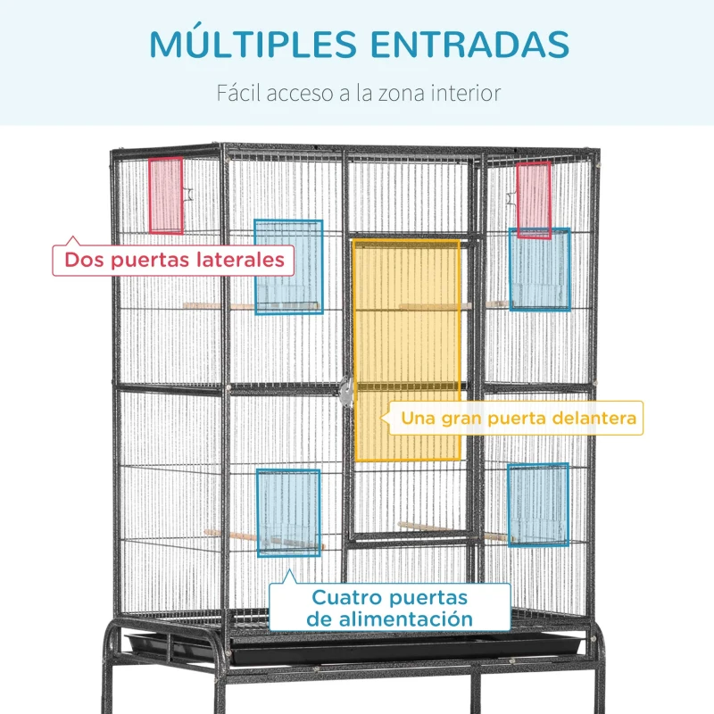 PawHut Jaula para Pájaros con Ruedas Pajarera Metálica con Perchas Comederos y Estante 81x48x162,5 cm Negro y Gris