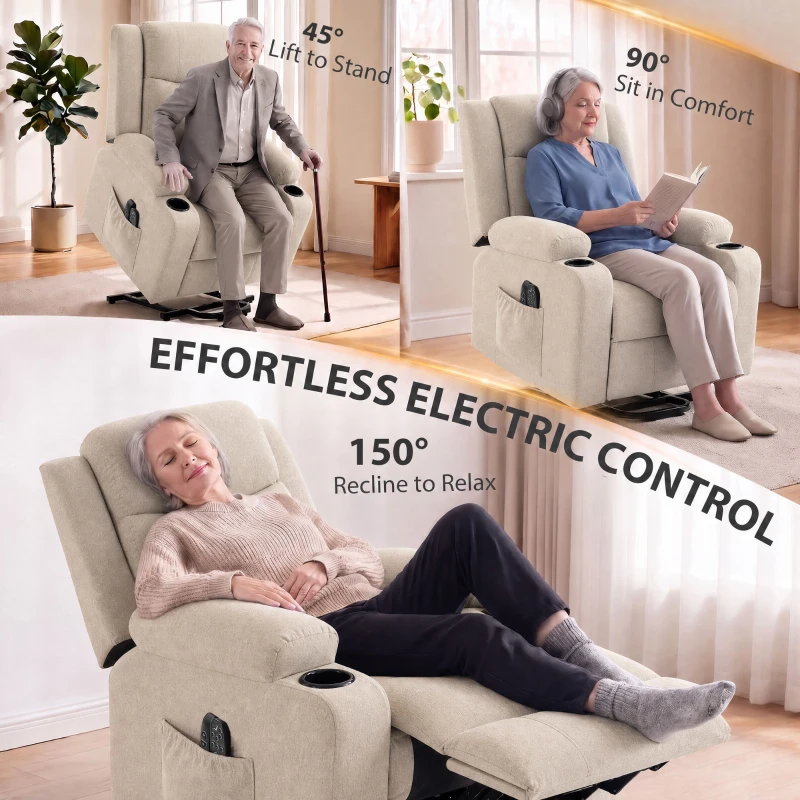 HOMCOM Riser Recliner Chair with Massage and Heat, Linen Electric Lift Armchair for Elderly with Spring Cushion, Beige