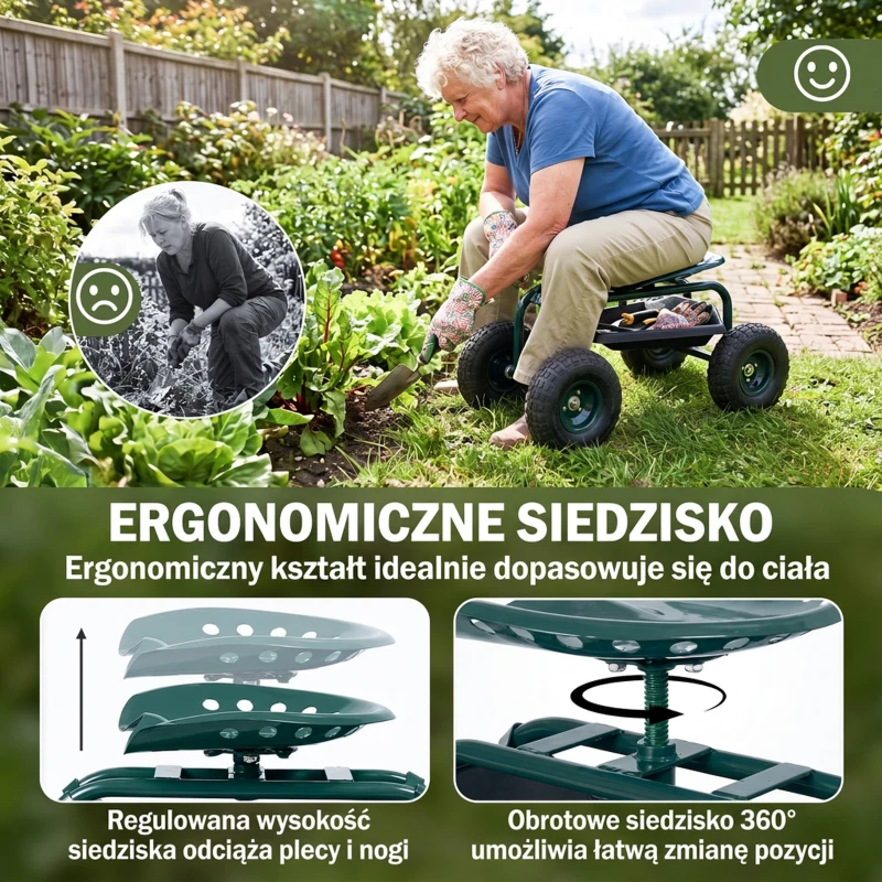 Outsunny Wózek Ogrodowy z Siedziskiem, Obrotowy, Regulowana Wysokość, do 150 kg, Stal, Ciemnozielony