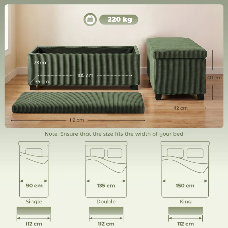 HOMCOM Banc de Rangement, Bout de Lit en Velours Côtelé avec Couvercle, pour Salon, Chambre, Entrée, 112x42x40 cm, Vert Clair