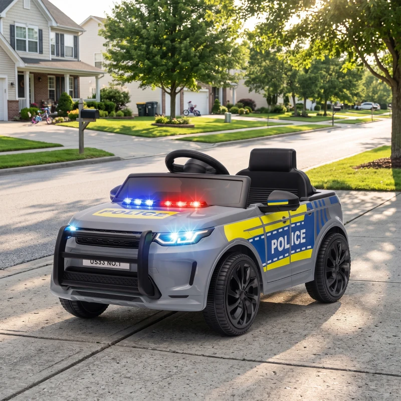 AIYAPLAY Auto Elettrica Polizia 12V con Telecomando, 2 Motori, Luci, Sirena, Musica e Clacson,  3-6 Anni, Grigio