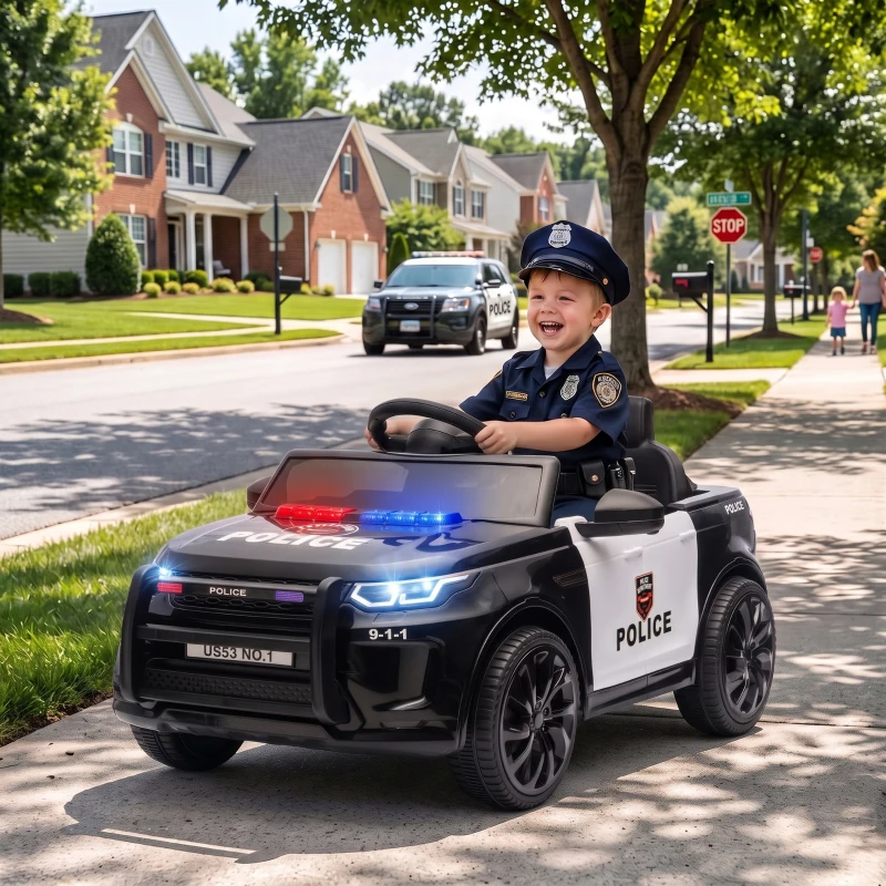 AIYAPLAY Auto elettrica della polizia 12 V per bambini con telecomando, sirena e luci, nero