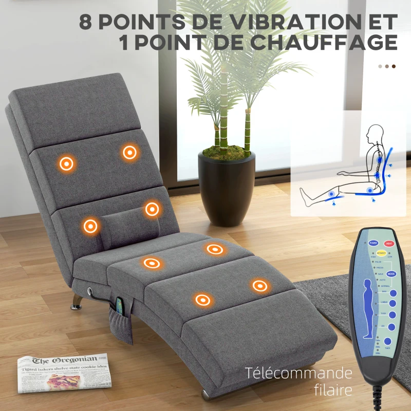 HOMCOM Fauteuil relax salon fauteuil de massage et chauffage meridienne avec télécommande et oreiller, tissu effet lin, gris