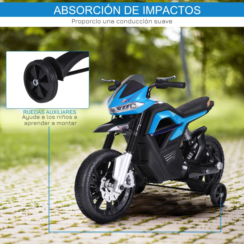 HOMCOM Moto Eléctrica Infantil Moto de Juguete Niños +3 Años Batería 6V con Luces y Música 105x52,3x62,3cm Azul