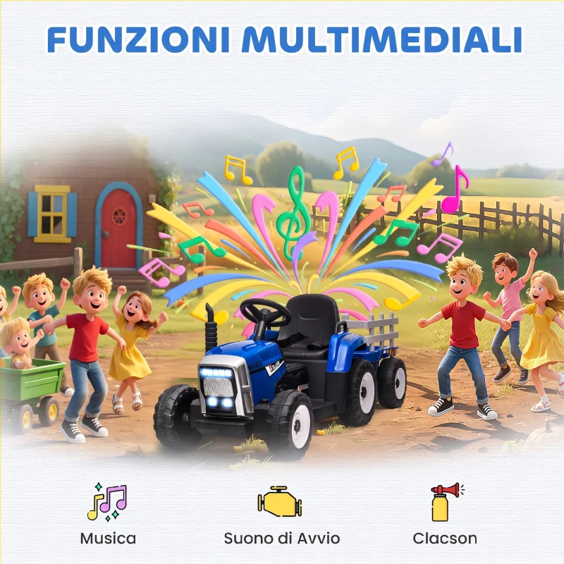 HOMCOM Trattore Elettrico per Bambini con Rimorchio Rimovibile, Telecomando, Porta USB, Musica e Luci, Età 3-6 Anni, Blu