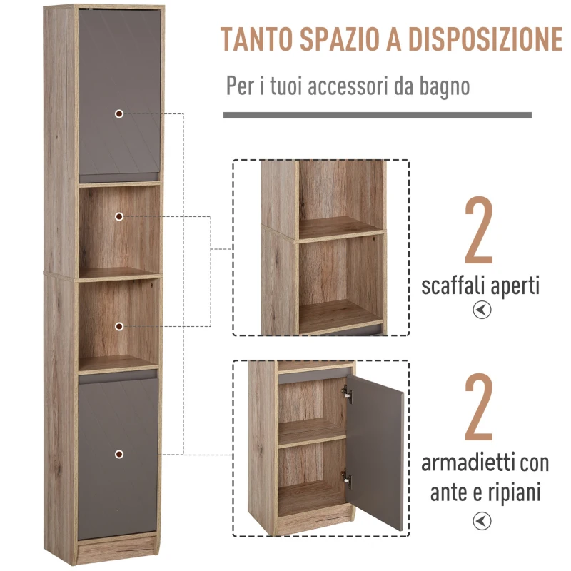 HOMCOM Mobiletto Salvaspazio per Bagno in Legno, Mobile da Bagno con 2 Armadietti e Ripiani Regolabili, Design a Colonna, 30x24x170 cm, Grigio e Rovere