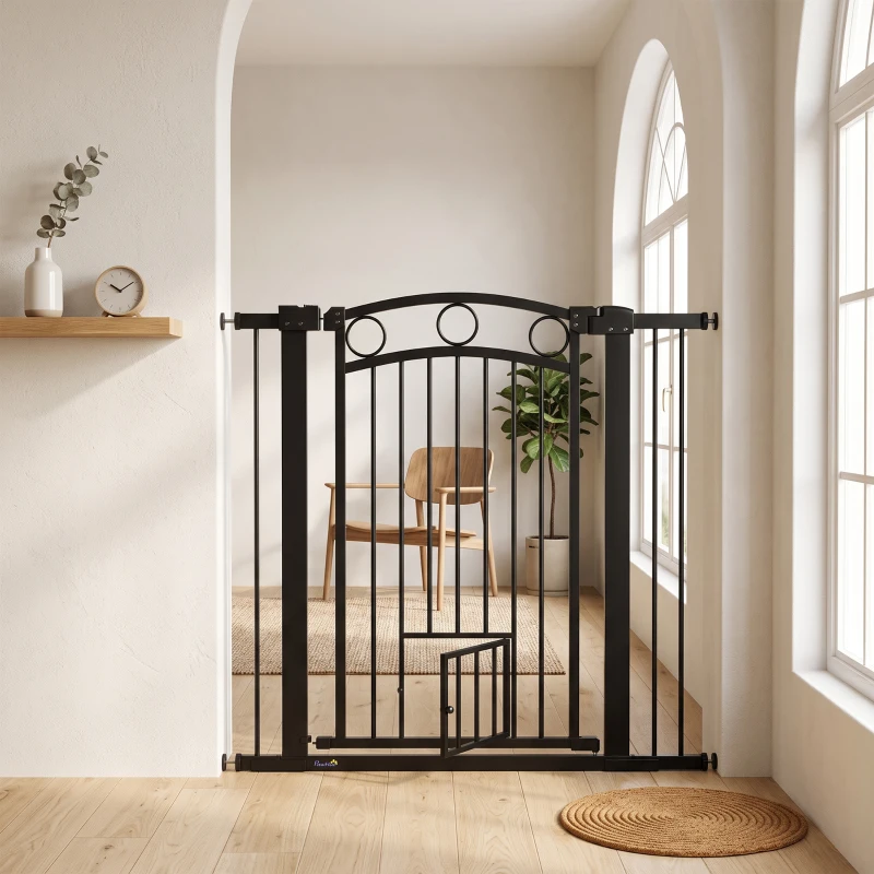 PawHut Cancelletto per Cani da Interno, Cancelletto di Sicurezza con 2 Estensioni 76-104 cm e Porta per Gatti
