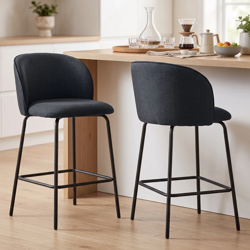 HOMCOM Set 2 Sgabelli da Bar con Schienale e Poggiapiedi, Rivestimento in Tessuto e Gambe in Acciaio, Nero