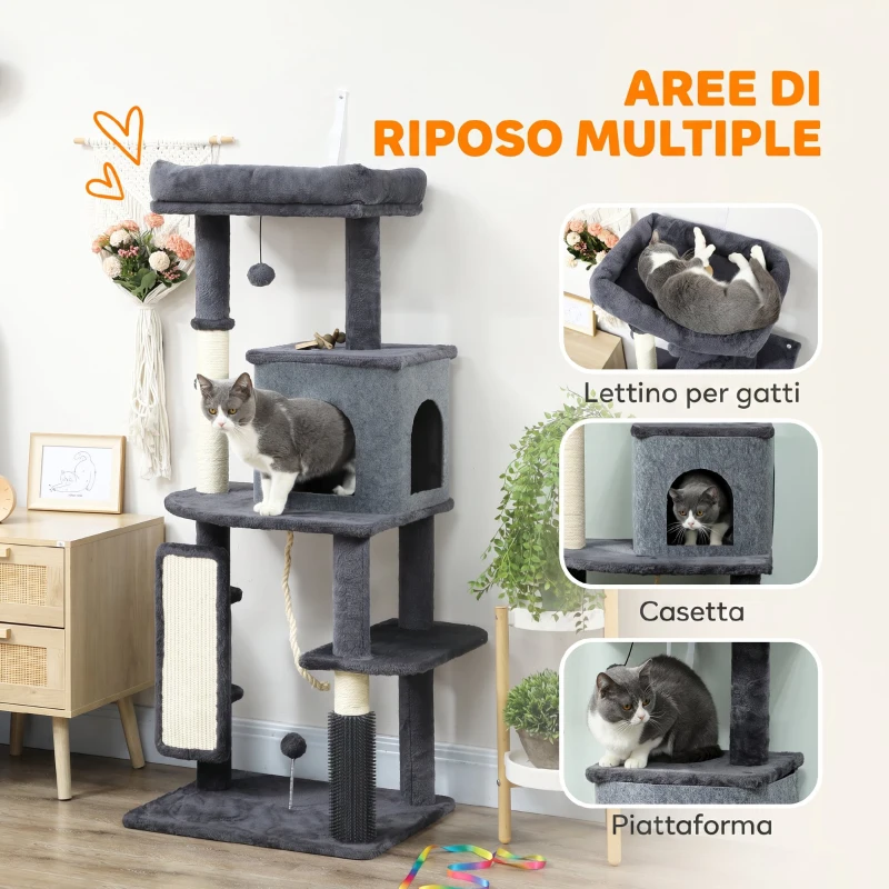 PawHut Albero per Gatti Multilivello Alto 132 cm con Casetta, Lettino, Pali Tiragraffi, Spazzola e Pallina, Grigio Scuro