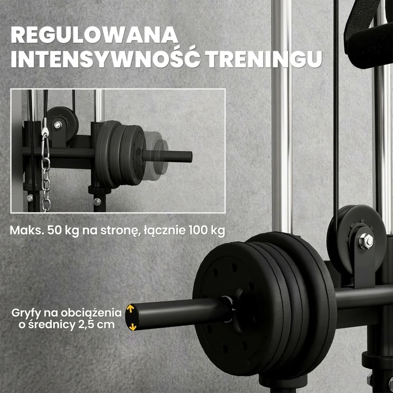 SPORTNOW Regulowana wieża siłowa 25-165 cm z podwójnymi wyciągami i adapterami 62 x 60 x 200 cm Czarny
