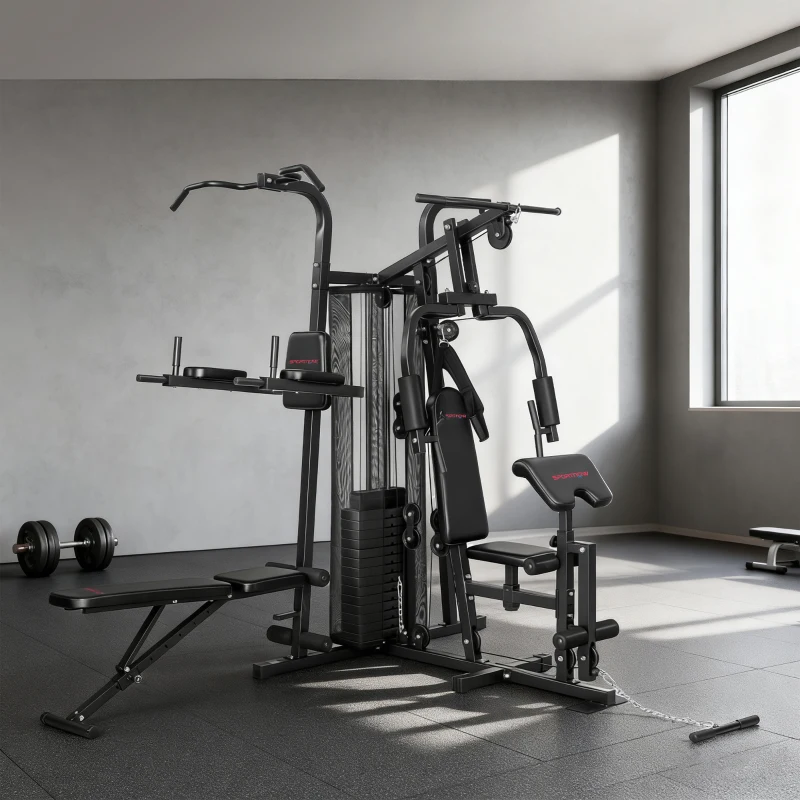 SPORTNOW Palestra Multifunzione, Stazione Fitness Multifunzione con Sistema a Pulegge, Pacco Pesi da 69 kg, Nero
