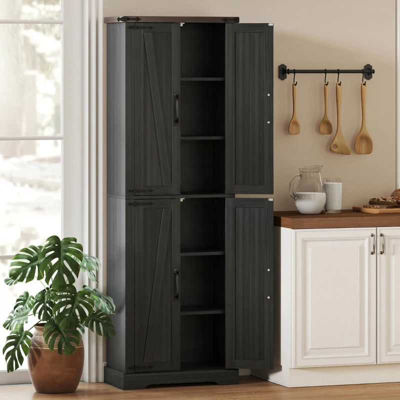 HOMCOM Credenza Cucina Alta Rustica, Mobile Dispensa con 4 Ante, Ripiani Regolabili, 60.2x30.3x182 cm, Nero
