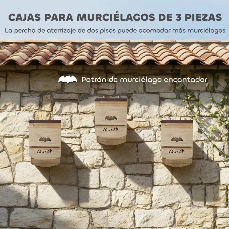 PawHut Pack de 3 Casas para Murciélagos de Madera con 2 Cámaras Plataforma de Aterrizaje Resistente a la Intemperie Natural
