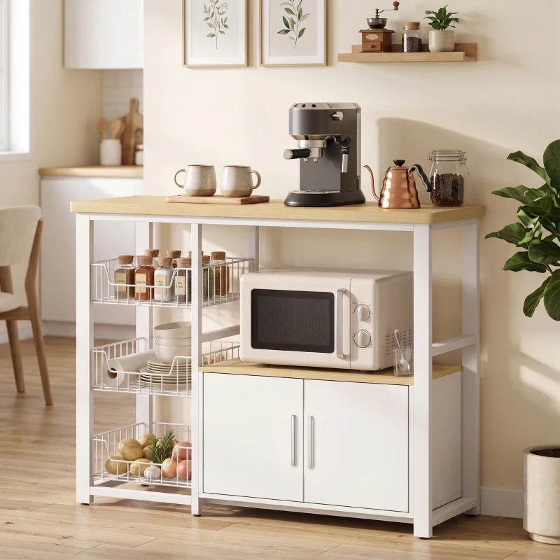 HOMCOM Estante de Cozinha com Arrumação, Suporte para Micro-ondas, Cestos Amovíveis e Armário, 100x35x80 cm, Branco