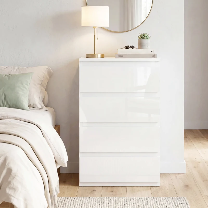 HOMCOM Comò per Camera da Letto, Moderno Comò a 4 Cassetti, Design Slim Lucido per Soggiorno, Corridoio, Bianco