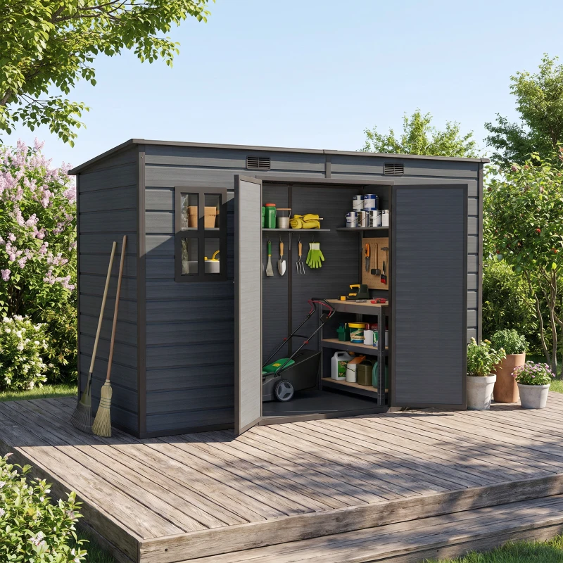 Outsunny 10 x 4 ft Resin Garden Shed, Outdoor Storage Shed with Floor, Windows, Lockable Doors and Vents, Dark Grey