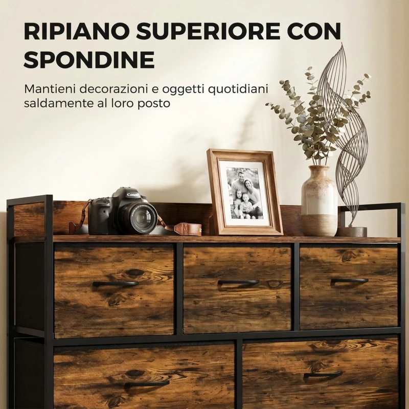 HOMCOM Cassettiera per Camera da Letto con 5 Cassetti, Mobiletto con Cassetti, Stile Industriale, Marrone e Nero
