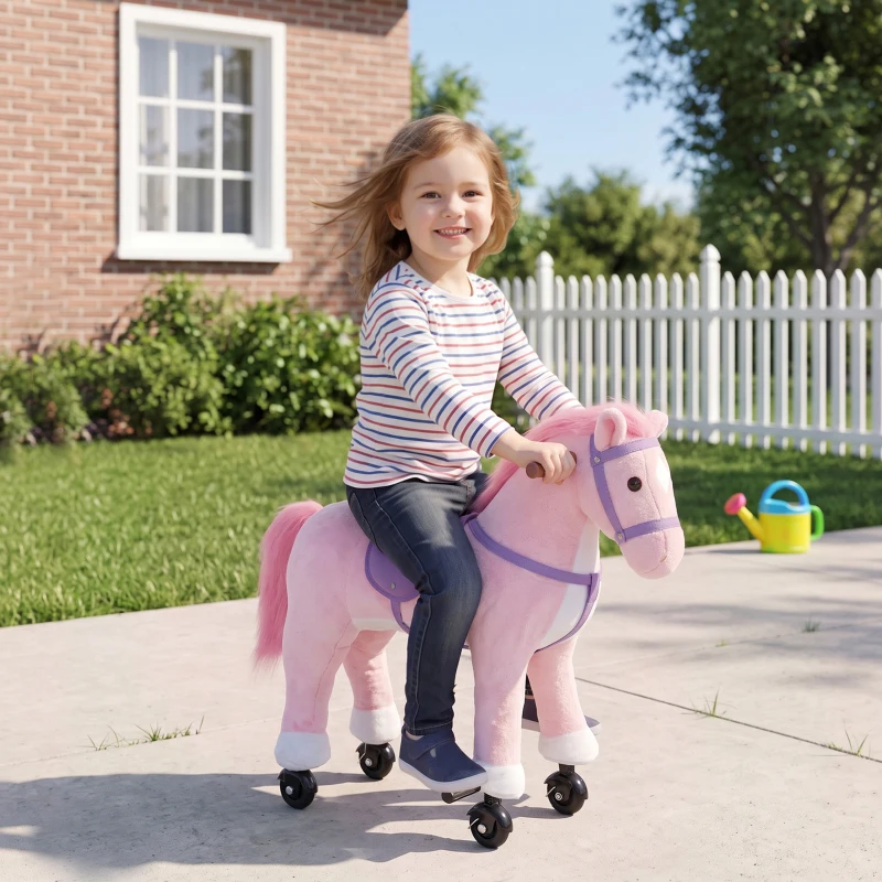 AIYAPLAY Rocking Horse, Plush Ride On Horse with Hoof Sounds, Music, Rolling Wheels and Pedal for 3-7 Years, Up to 50kg, Pink