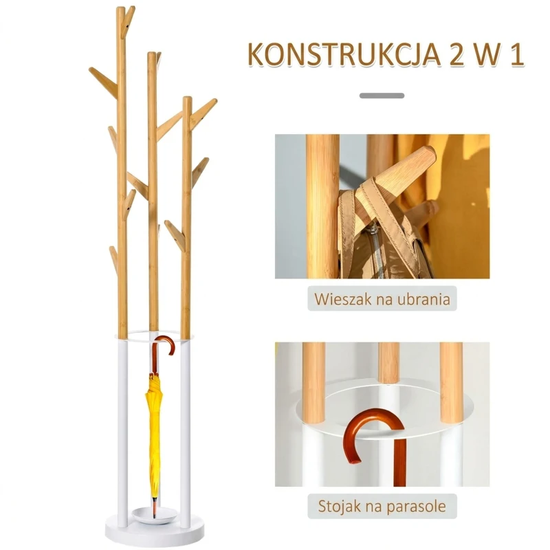 HOMCOM wieszak wolnostojący wieszak na ubrania z 13 haczykami nowoczesny stojak na parasole do przedpokoju salonu metal bambus kolor naturalny + biały 30,5 x 30,5 x 174,5 cm