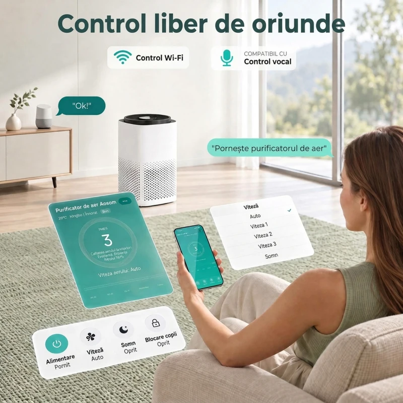 HOMCOM Purificator de Aer Smart cu Aplicație, WiFi, pentru 27 m², Filtru HEPA, CADR 225 m³/h, 28 dB