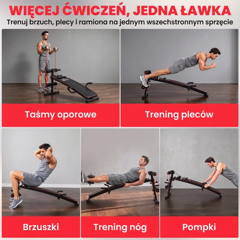 HOMCOM® ŁAWKA SIT UP DO ĆWICZEŃ MIĘŚNI BRZUCHA TAŚMA OPOROWA TRENINGOWA stal + PCV czarny + czerwony 56,5 x 135 x (50–68) cm