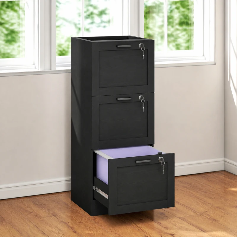 HOMCOM Cassettiera Portadocumenti a 3 Cassetti con Serrature e Spazio per Stampante, in Legno, 40x40x101 cm, Nero