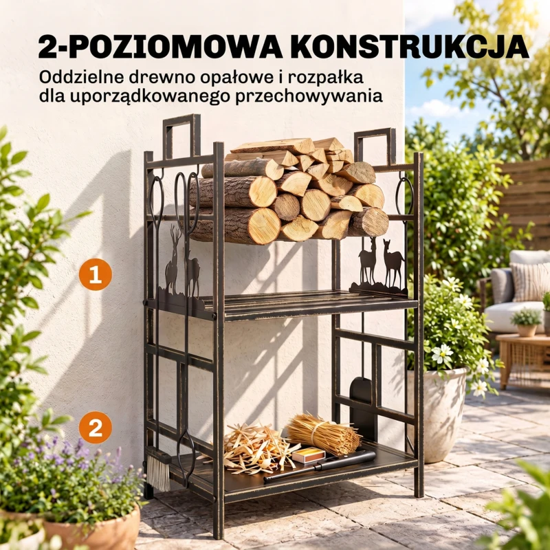 Stojak na drewno kominkowe Outsunny z zestawem narzędzi kominkowych, regał na drewno kominkowe, żelazo, złote, 51,5x33x77 cm