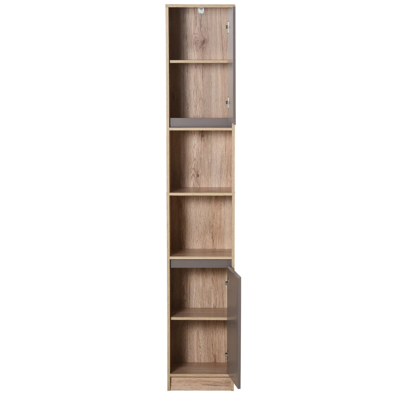 HOMCOM Mobiletto Salvaspazio per Bagno in Legno, Mobile da Bagno con 2 Armadietti e Ripiani Regolabili, Design a Colonna, 30x24x170 cm, Grigio e Rovere