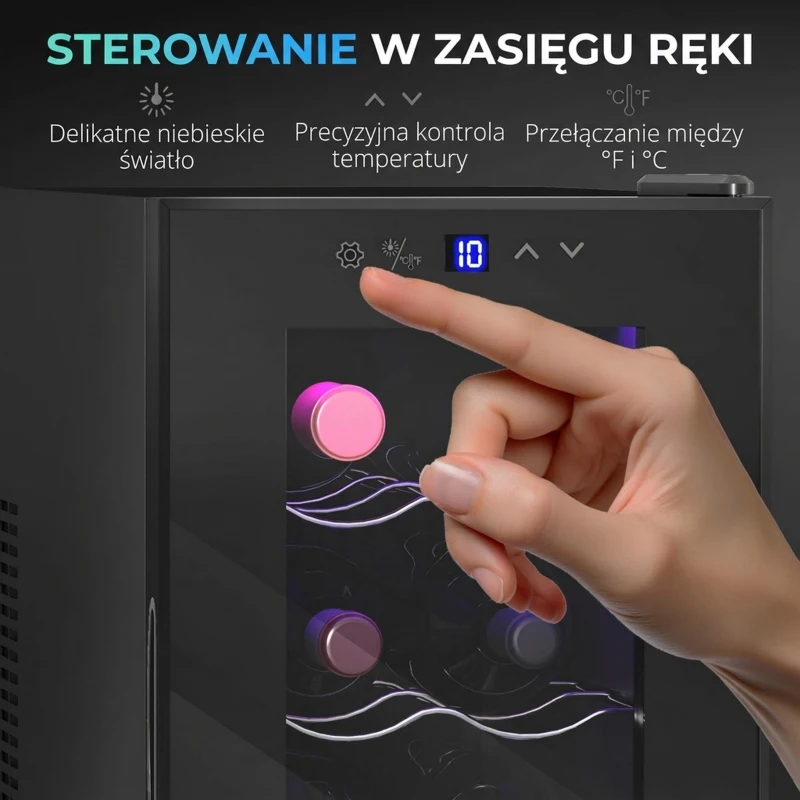 HOMCOM Chłodziarka do wina na 8 butelek, 21 l, termoelektryczna, regulowane półki, oświetlenie LED, czarna