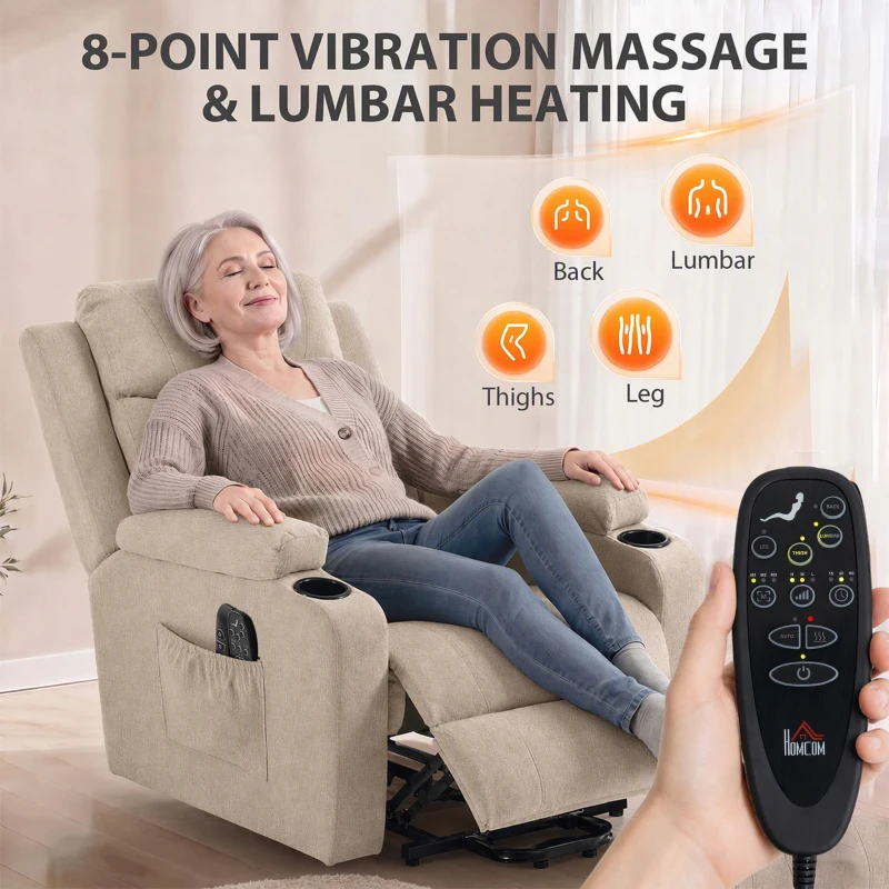 HOMCOM Riser Recliner Chair with Massage and Heat, Linen Electric Lift Armchair for Elderly with Spring Cushion, Beige