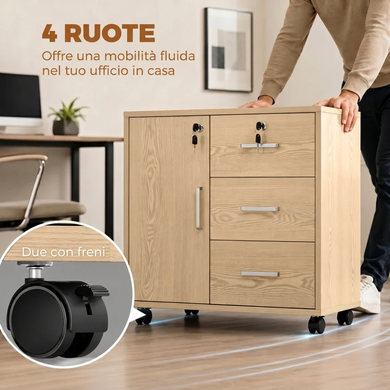 HOMCOM Schedario per Ufficio con 3 Cassetti e Armadietto con 3 Ripiani Regolabili, in Legno, 60x40x56 cm, Marrone Chiaro