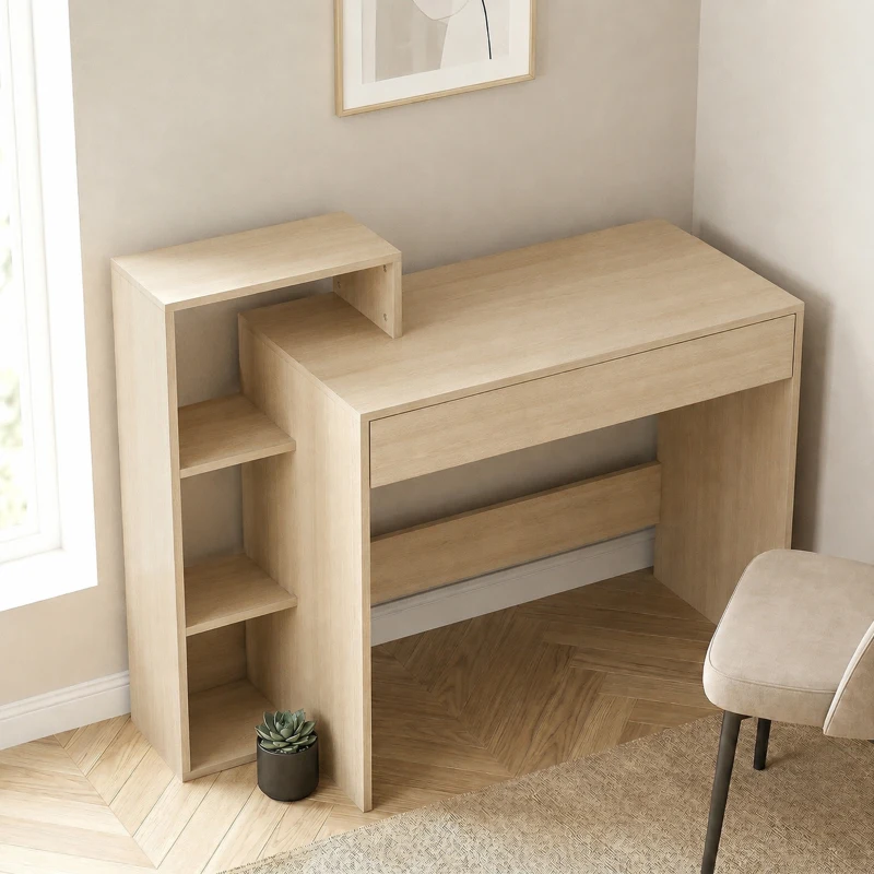 HOMCOM Scrivania Salvaspazio Moderna con 3 Ripiani Aperti e Cassetto Grande, 100x40x90cm, Naturale, per Ufficio