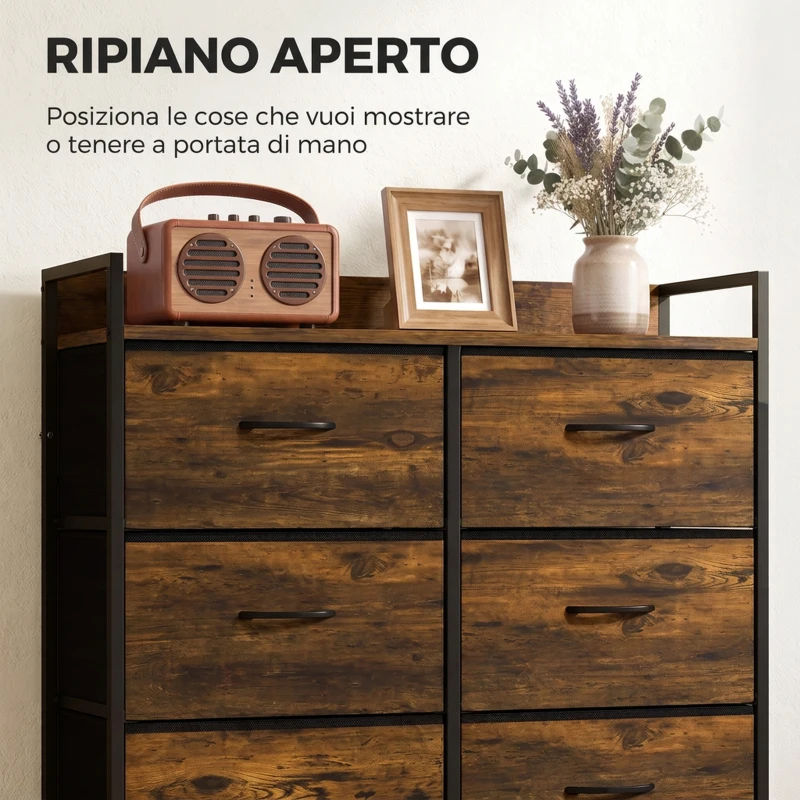 HOMCOM Cassettiera Camera da Letto con 6 Cassetti, Mobile con Cassetti Salvaspazio, Stile Industriale, Marrone Rustico