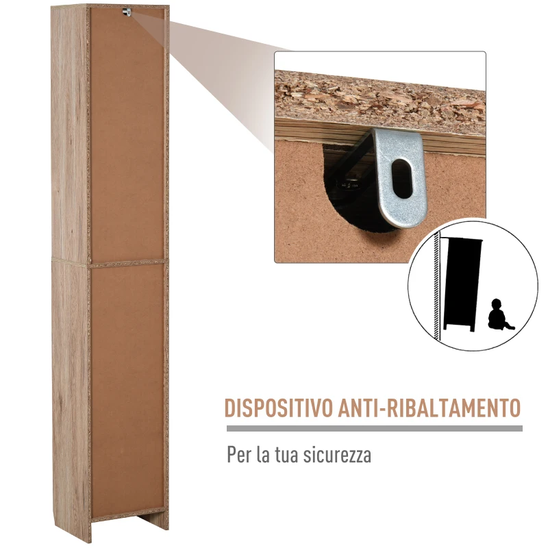 HOMCOM Mobiletto Salvaspazio per Bagno in Legno, Mobile da Bagno con 2 Armadietti e Ripiani Regolabili, Design a Colonna, 30x24x170 cm, Grigio e Rovere