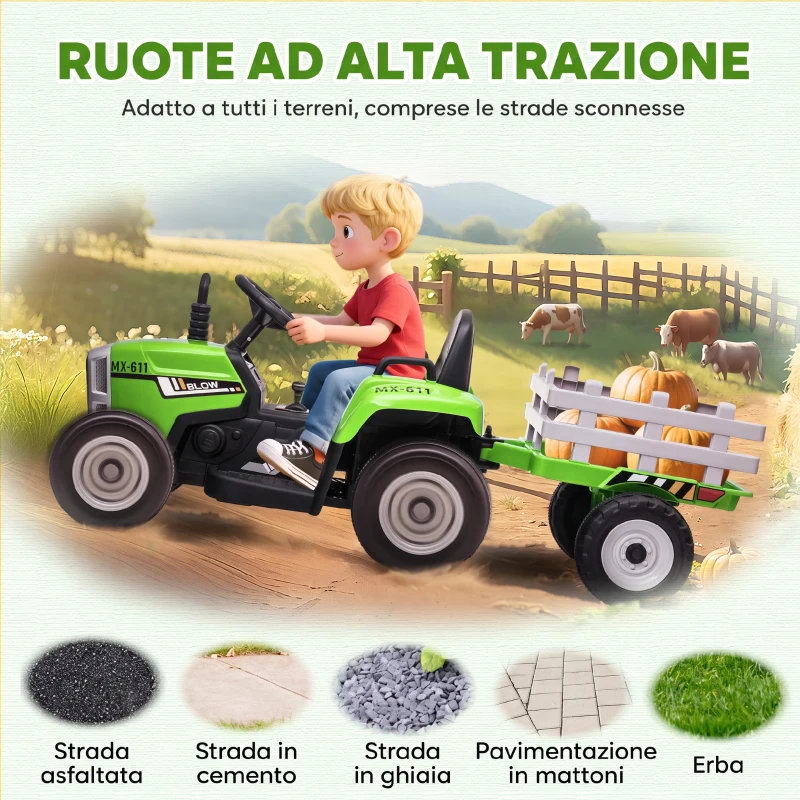 HOMCOM Trattore Elettrico per Bambini 3-6 Anni con Rimorchio Rimovibile, Batteria 12V e Telecomando, Verde