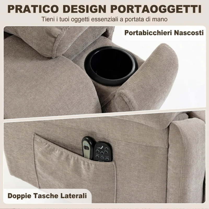 HOMCOM Poltrona Elettrica Alzapersona Reclinabile, Riscaldata, Massaggiante 8 Punti, in Ciniglia, 2 Telecomandi, Beige