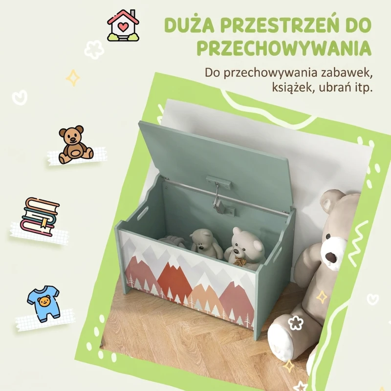 Ławka dziecięca z pojemnikiem na zabawki, zielona, zwierzęta