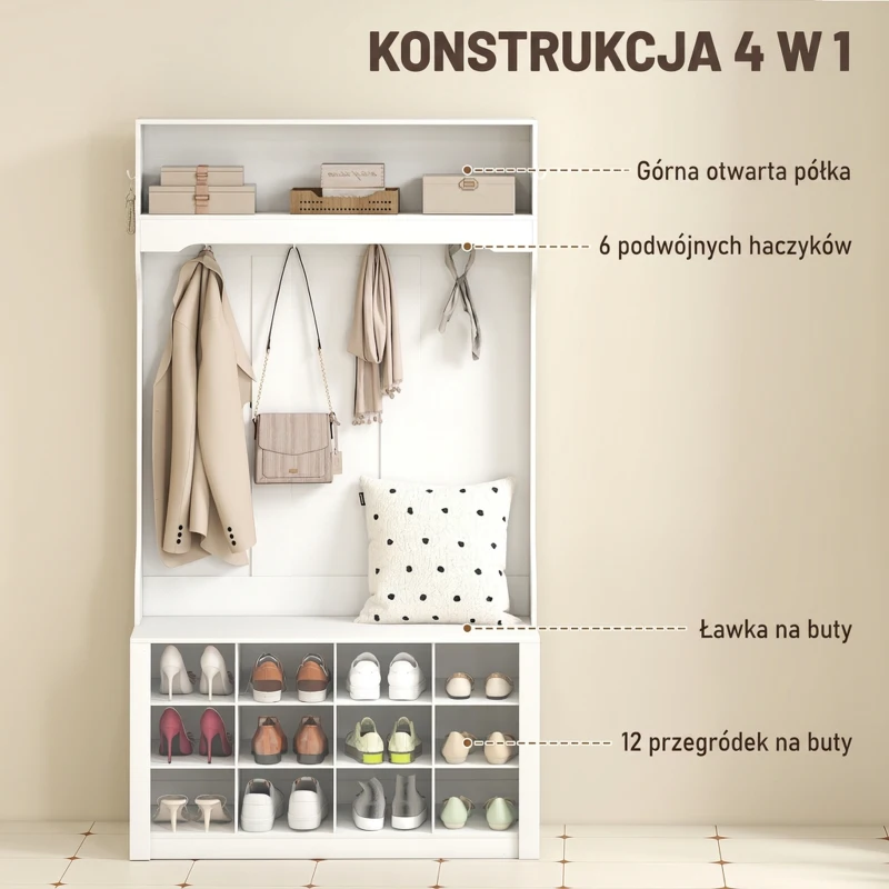 HOMCOM Garderoba z półką, ławką, haczykami, przegródkami na buty, płyta wiórowa, MDF, biały