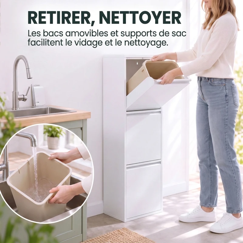HOMCOM Meuble Poubelle de Tri Sélectif, Poubelle de Recyclage 45 L (3 x 15 L), 3 Compartiments, Portes à Fermeture Douce, Blanc