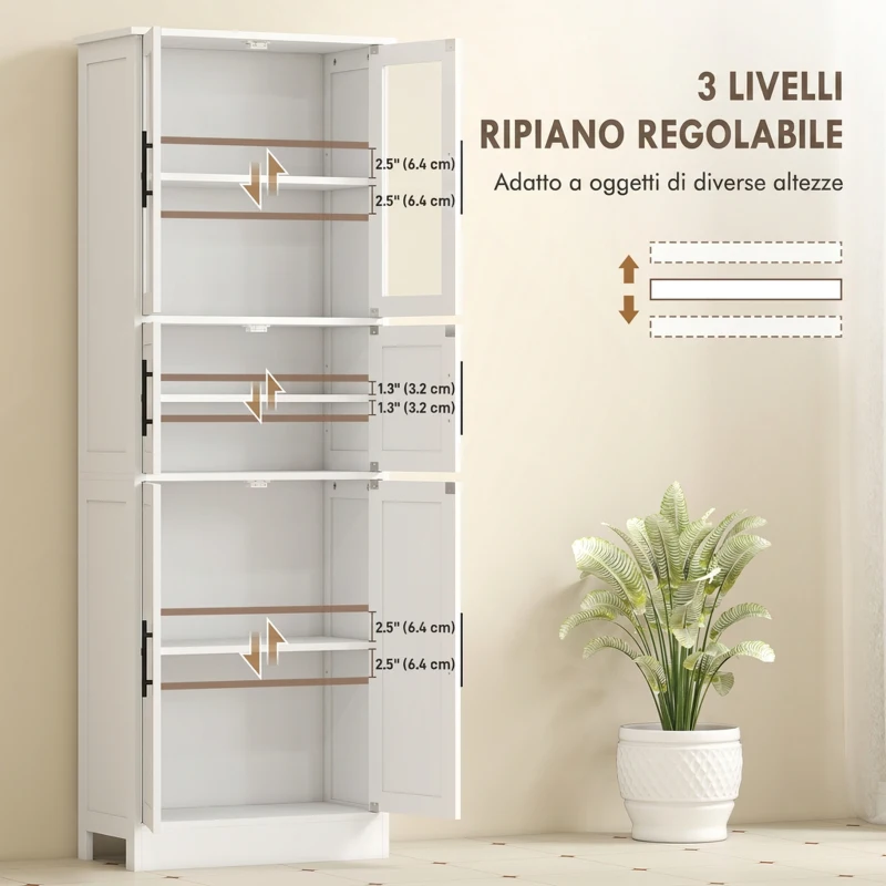 HOMCOM Mobile Bagno Alto Slim 170cm, con Ante in Vetro, Ripiani Regolabili, Moderno, 60x30x170 cm, Bianco