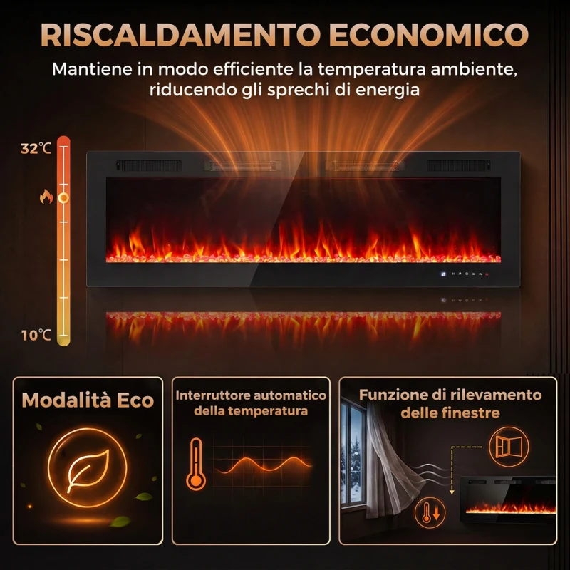 HOMCOM Camino Elettrico da Incasso con Fiamma Indipendente, 3 Modalità di Riscaldamento e Telecomando, Nero