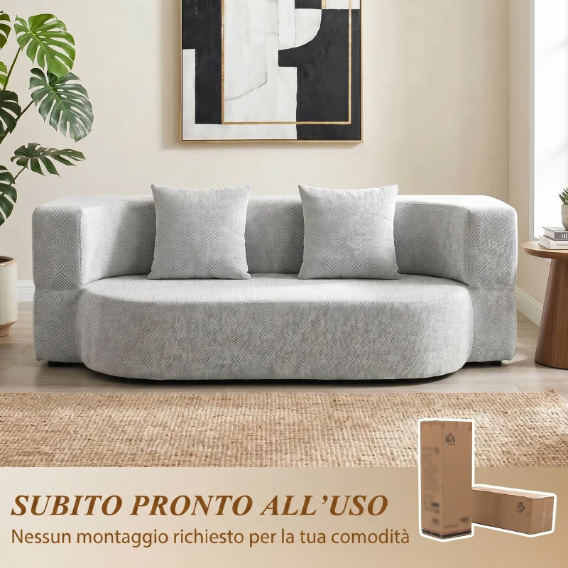 HOMCOM 2 in 1 Divano Letto 2 Posti con 2 Cuscini Sfoderabili, Braccioli, Seduta Imbottita, in Ciniglia, Grigio Chiaro