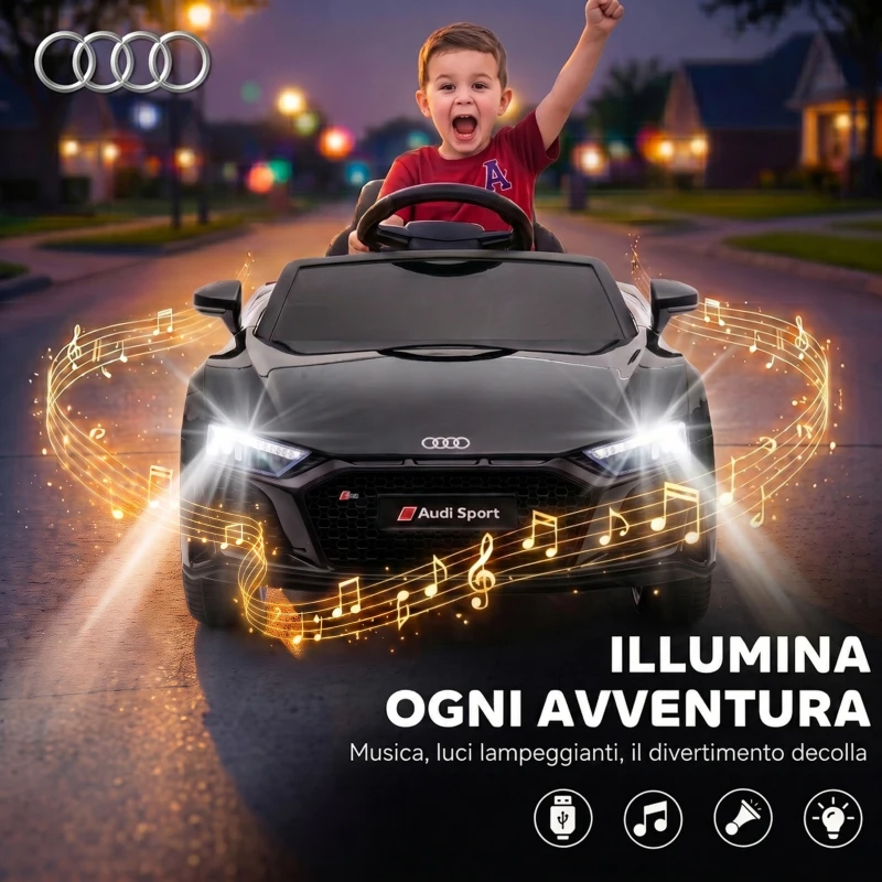 AIYAPLAY Macchina Elettrica per Bambini 3-6 Anni 12V Audi R8 Spyder, 3-5 km/h con 2 Motori e Telecomando, Nero