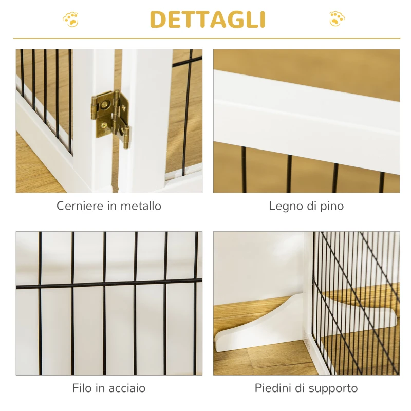 PawHut Cancelletto per Cani di Piccola/Media Taglia a 6 Pannelli Pieghevoli, in Legno e Acciaio, 432x36x70 cm, Bianco