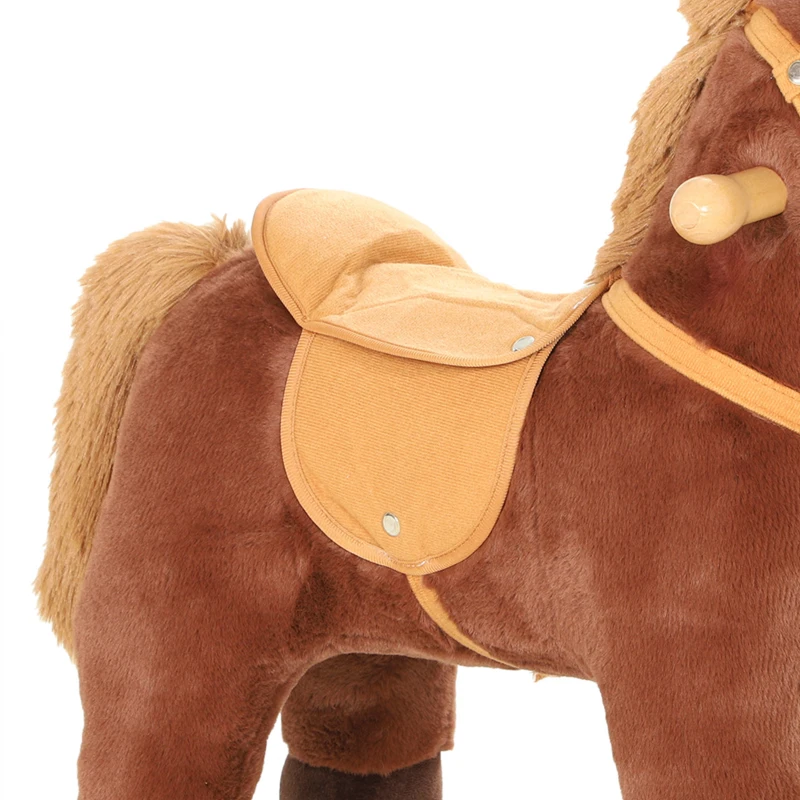 AIYAPLAY Rocking Horse, Plush Ride On Horse with Hoof and Neighing, Rolling Wheels and Pedal for 3-8 Y, Up to 50kg, Dark Brown